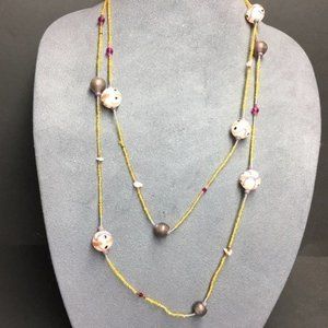 Long Necklace Purple Round Seed Bead Gold Amber Wave Dot Retro BoHo Hippie